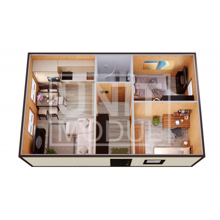 (МД-11) Модульный дом дачный из 2-х бытовок (блок-контейнеров) с раздельными спальнями и гостиной недорого